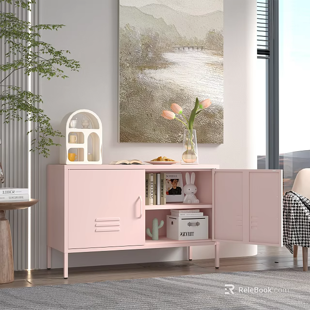 Bright Living Room Interior With Pink Cabinet Decorations Green Plant And Wall Painting 3d model 