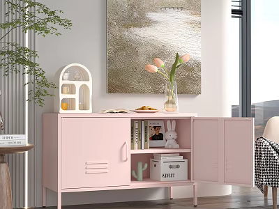Bright Living Room Interior With Pink Cabinet Decorations Green Plant And Wall Painting 3d model