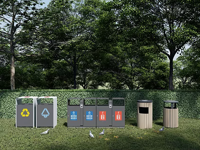 Outdoor Public Recycling Bins in Park Green Space With Trees and Sorted Waste 3d model
