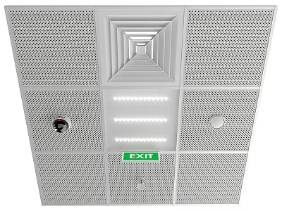 Modern Perforated Grid Ceiling With Recessed Lights And Green Exit Sign 3d model