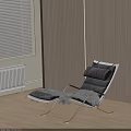 Modern Leisure Chair with Gray Cushions Metal Frame and Wooden Slat Wall by Window Blinds