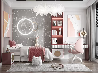 Kids Room Interior With Gray Dandelion Wallpaper Glowing Circular Decor Pink Chair And Red Bookshelf 3d model