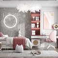 Kids Room Interior With Gray Dandelion Wallpaper Glowing Circular Decor Pink Chair And Red Bookshelf