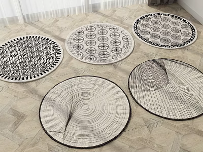Stylish Round Rugs With Various Patterns On Wood Floor 3d model