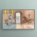Vintage Artwork Featuring Running Horses Riders Arched Doorway People Yellow And White Flags