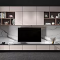 Modern TV Background Cabinet Featuring Large Screen TV Fireplace Flame Open Shelves Decorative Vases Books