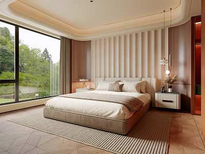 Modern Bedroom Interior Design With Vertical Panel Wall Large Window And Area Rug 3d model