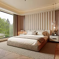 Modern Bedroom Interior Design With Vertical Panel Wall Large Window And Area Rug