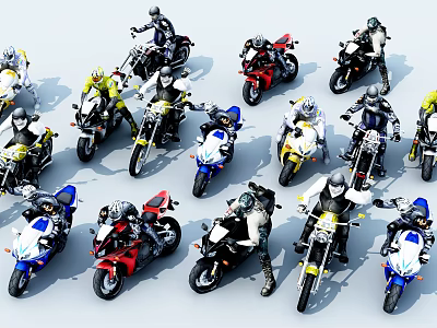 Multiple Colorful Motorcycles In Different Styles With Riders Arranged For 3d model Multiple Colorful Motorcycles In Different Styles With Riders Arranged For 3d model