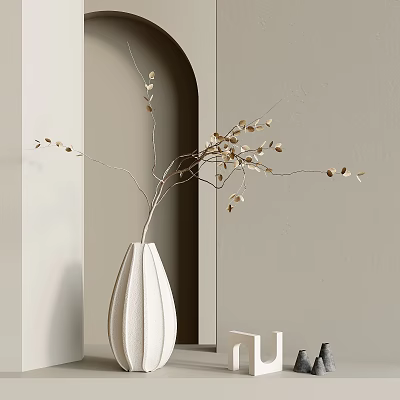 White Striped Vase With Decorative Branches And Leaves On Light Beige Wall 3d model