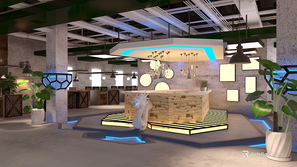 Modern Internet Cafe Interior Design With Gaming Computers Comfortable Seats And LED Lighting 3d model