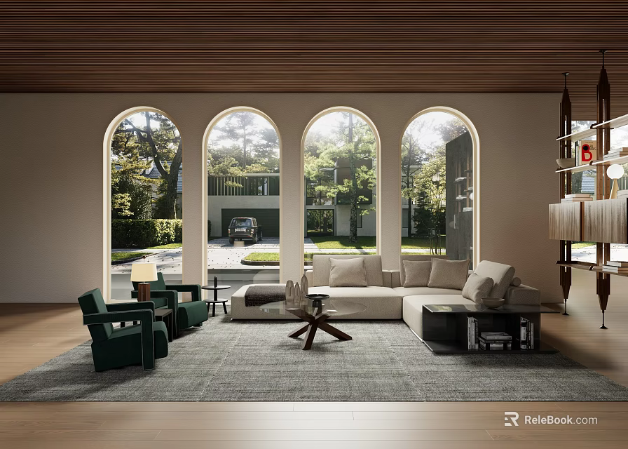 Modern Living Room Interior Design With Arched Windows Wooden Ceiling Green Chairs Sofa Rug 3d model 