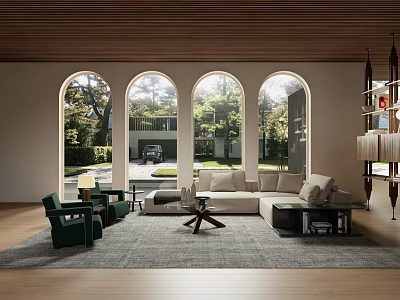 Modern Living Room Interior Design With Arched Windows Wooden Ceiling Green Chairs Sofa Rug 3d model