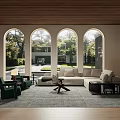 Modern Living Room Interior Design With Arched Windows Wooden Ceiling Green Chairs Sofa Rug