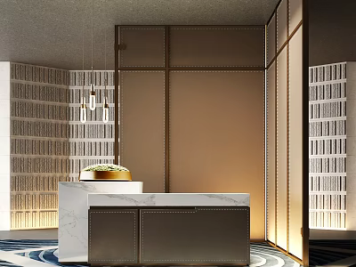 Elegant Reception Desk With White Marble Counter And Leather Paneled Wall Design 3d model
