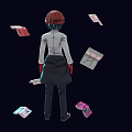 Red Haired Woman In White Shirt Red Tie Black Outfit Red Gloves With Scattered Papers