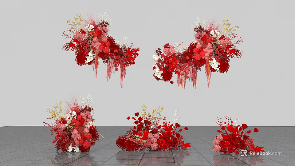 Elegant Floral Display With Red Pink Gold Flowers Hanging Floor Arrangements And Decorative Accents 3d model 