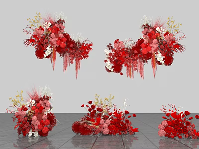 Elegant Floral Display With Red Pink Gold Flowers Hanging Floor Arrangements And Decorative Accents 3d model