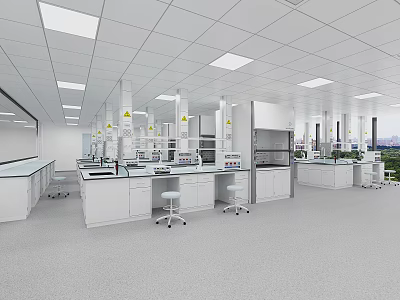 Modern Laboratory Interior With White Lab Benches Fume Hoods And Ceiling Lights 3d model