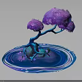 Vibrant Plant With Blue Trunk And Purple Flowers On Blue Water Ripple Base Including Scattered Flowers