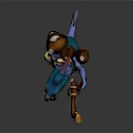 Fantasy Teal Creature Character With Purple Snout Claws Carrying Bag And Holding Bell Staff