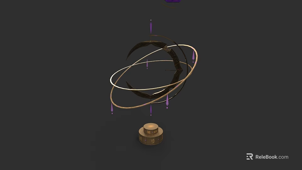 Gold Circular Jewelry Ornament With Suspended Purple Accents And Wooden Base 3d model 