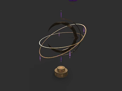 Gold Circular Jewelry Ornament With Suspended Purple Accents And Wooden Base 3d model