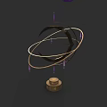 Gold Circular Jewelry Ornament With Suspended Purple Accents And Wooden Base