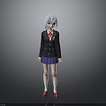Anime Character With White Hair In Black Blazer Red Tie Blue Skirt And Red Shoes