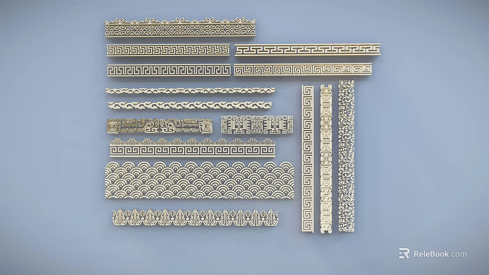 Intricate Carved Ornamental Strips with Various Traditional and Geometric Patterns for Decor 3d model 
