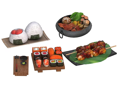 Traditional Japanese Assorted Food Platter With Onigiri Sushi Skewers And Stew 3d model