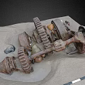 Scenic Landscape Featuring Rusted Metal Gears and Machinery Parts on Sandy Ground with Stones