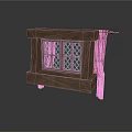 Wooden Window Style Decorative Cabinet With Lattice Design And Red Curtains
