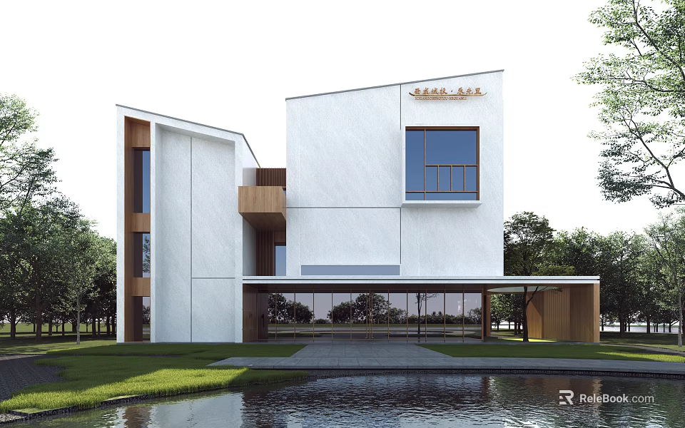 Modern Office Building With White Exterior Large Glass Windows And Waterfront Greenery 3d model 