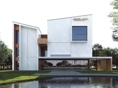 Modern Office Building With White Exterior Large Glass Windows And Waterfront Greenery 3d model