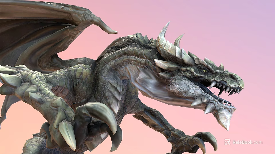 Detailed Mythical Flying Dragon With Large Wings Scaly Body Sharp Claws And Pink Sky Background 3d model 
