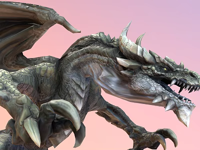 Detailed Mythical Flying Dragon With Large Wings Scaly Body Sharp Claws And Pink Sky Background 3d model