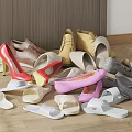 Various Style Shoes With Multiple Colors Scattered On Wooden Floor And Wooden Door Light Wall