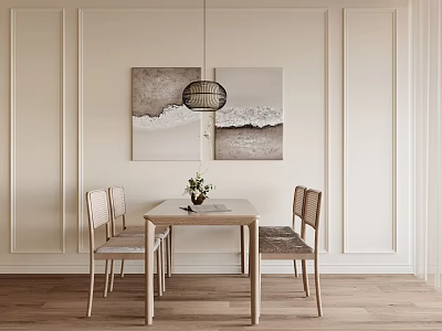 Dining Room Interior Design With Beige Walls Wave Paintings Pendant Light Wooden Table And Chairs 3d model