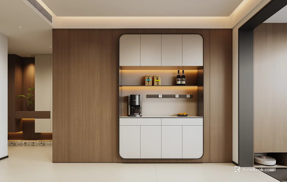 Modern Restaurant Interior Design With Open Layout Wooden Cabinets Island Counter And Coffee Appliances 3d model 