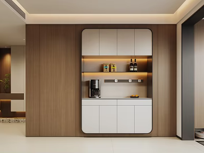 Modern Restaurant Interior Design With Open Layout Wooden Cabinets Island Counter And Coffee Appliances 3d model