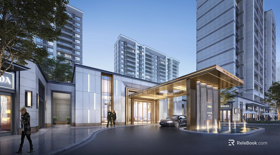 Modern Residential Entrance With High Rise Buildings Car Pedestrians And Water Feature 3d model 