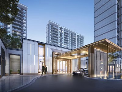 Modern Residential Entrance With High Rise Buildings Car Pedestrians And Water Feature 3d model