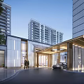Modern Residential Entrance With High Rise Buildings Car Pedestrians And Water Feature