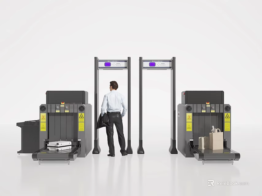 Public Facility Security Gates And Scanners With Person Passing Through And Luggage Scanning 3d model 