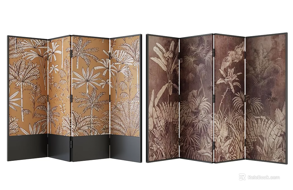 Traditional Folding Screen With Intricate Botanical Patterns And Wooden Frame Design 3d model