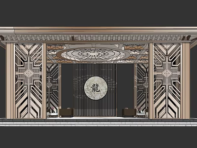 Traditional Chinese Style Lobby Entrance With Dragon Character Symmetric Decorative Pillars And Carved Ceiling 3d model