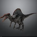 Realistic Spinosaurus Dinosaur Model With Red Pink Sail Standing Open Mouth Dark Background