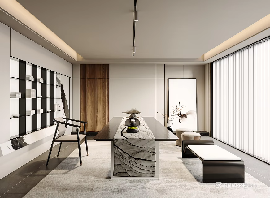 Modern Tea Room Interior With Long Table And Elegant Decor 3d model