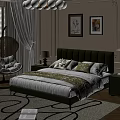 Modern Bedroom Interior With Green Tufted Headboard Wicker Hanging Chair And Wall Art